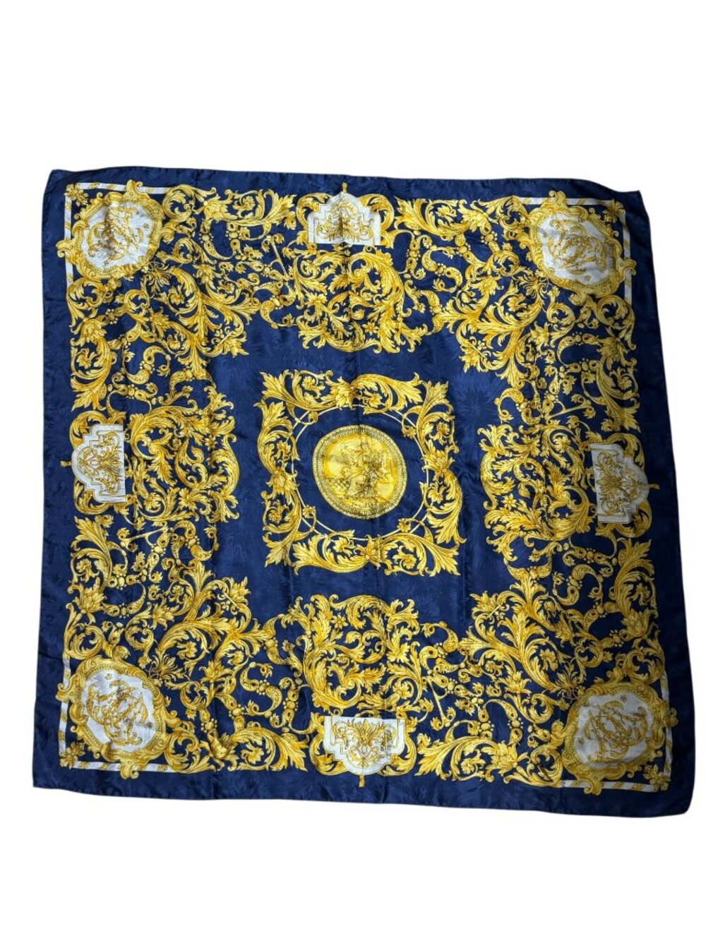 Vintage Made In Italy Silk Scarf Square Gold Blue Baroque-style Vanitas Pattern